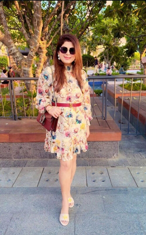Ivory Floral Smocked-Neck Tie-Waist Mini Dress — verified customer review photo