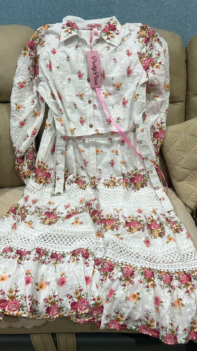 Ivory Floral Lace-Panel Belted Shirt Midi Dress — verified customer review photo