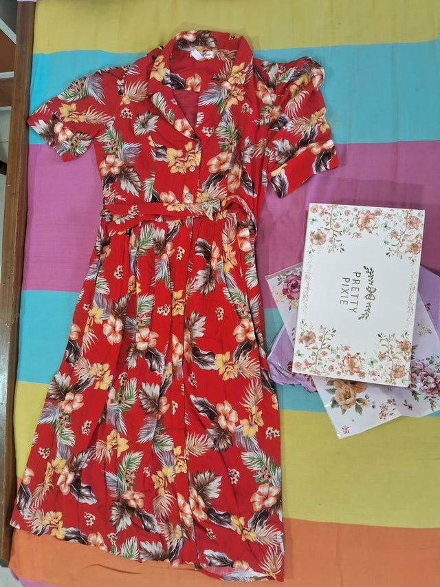 Red Botanical V-Neck Belted Shirt Midi Dress — verified customer review photo