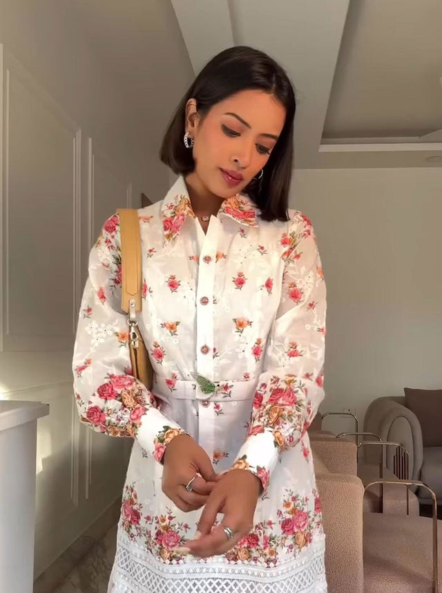 Ivory Floral Lace-Panel Belted Shirt Midi Dress — verified customer review photo