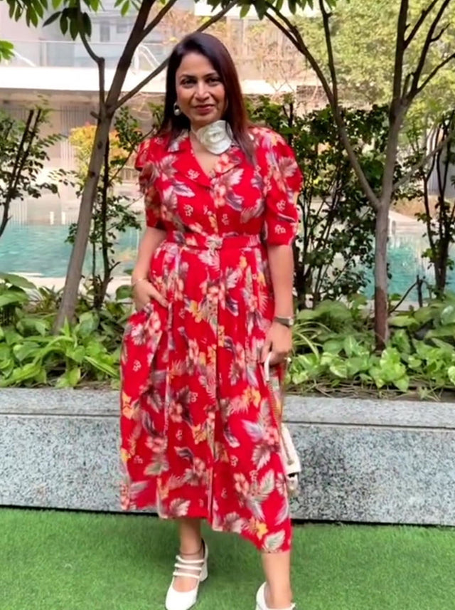 Red Botanical V-Neck Belted Shirt Midi Dress — verified customer review photo