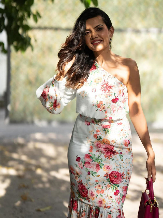 Powder Blue One-Shoulder Floral Ruffle Midi Dress — verified customer review photo