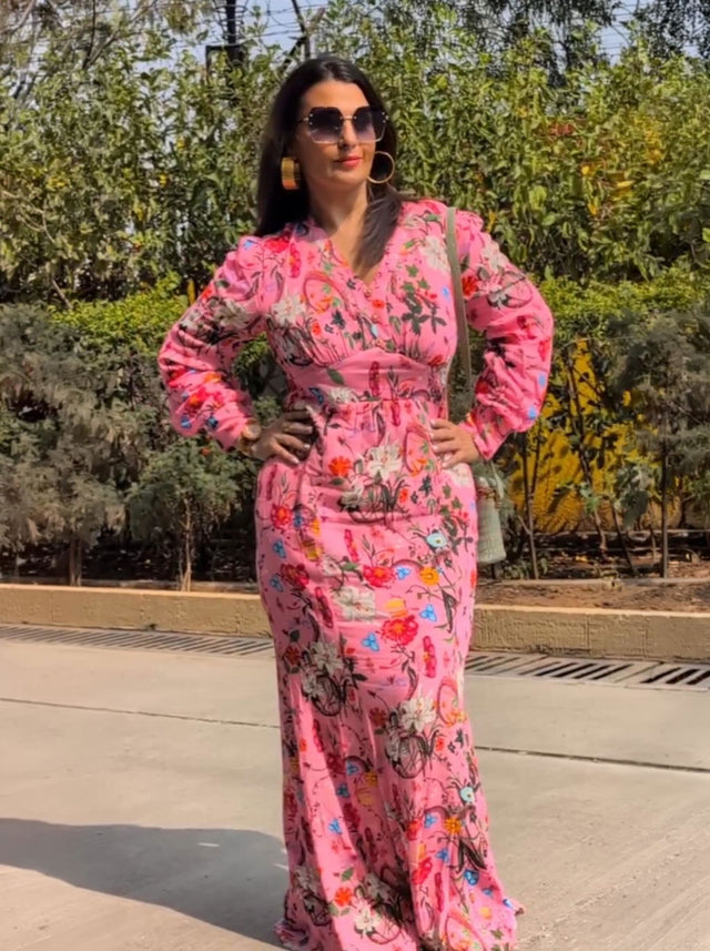 Pink Floral V-Neck Long-Sleeve Maxi Dress — verified customer review photo