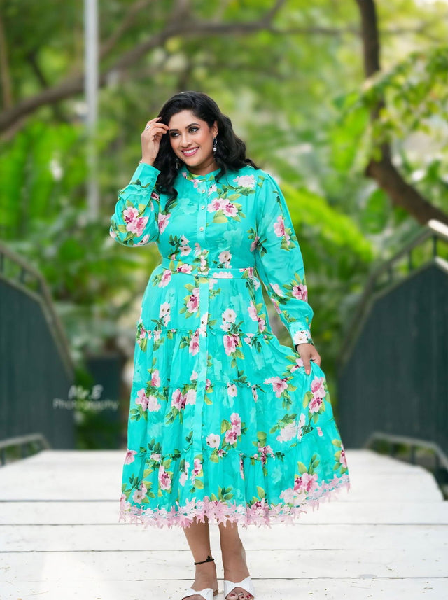 Rosalyn Light-Teal Floral Tiered Belted Maxi Dress — verified customer review photo