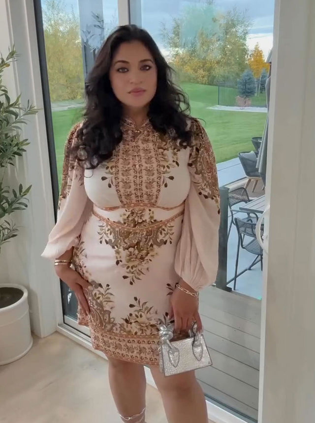 Beige Paisley Puff-Sleeve Mini Dress — verified customer review photo