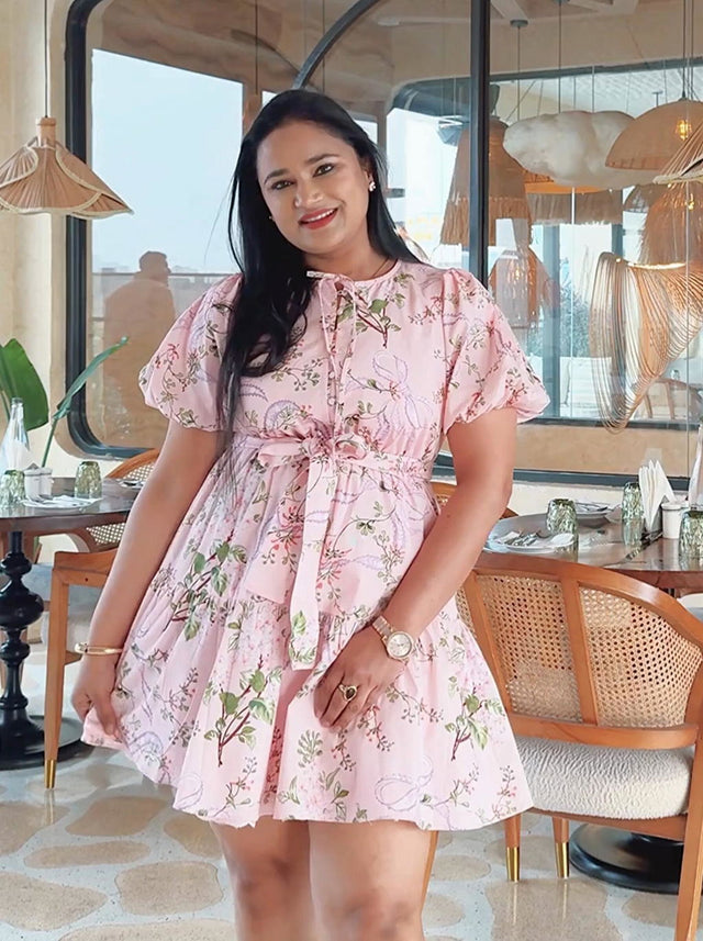 Blossom Pink Puff-Sleeve Bow-Belted Mini Dress — verified customer review photo