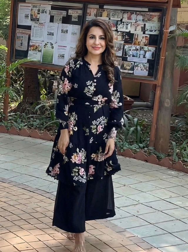 Black Floral Long-Sleeve Tiered Button-Down Dress — verified customer review photo