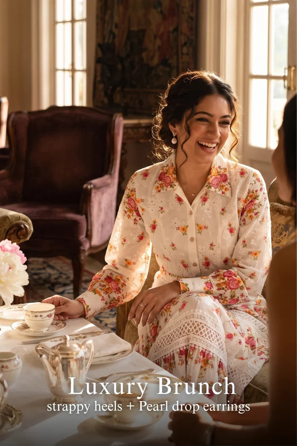 Ivory Floral Lace-Panel Belted Shirt Midi Dress — view 3