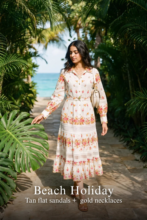 Ivory Floral Lace-Panel Belted Shirt Midi Dress — view 4
