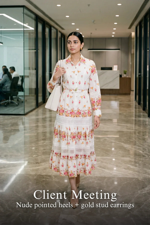 Ivory Floral Lace-Panel Belted Shirt Midi Dress — view 2