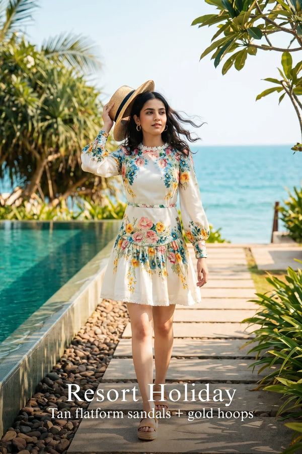 Ivory Floral Ruffle-Neck Puff-Sleeve Mini Dress — view 3