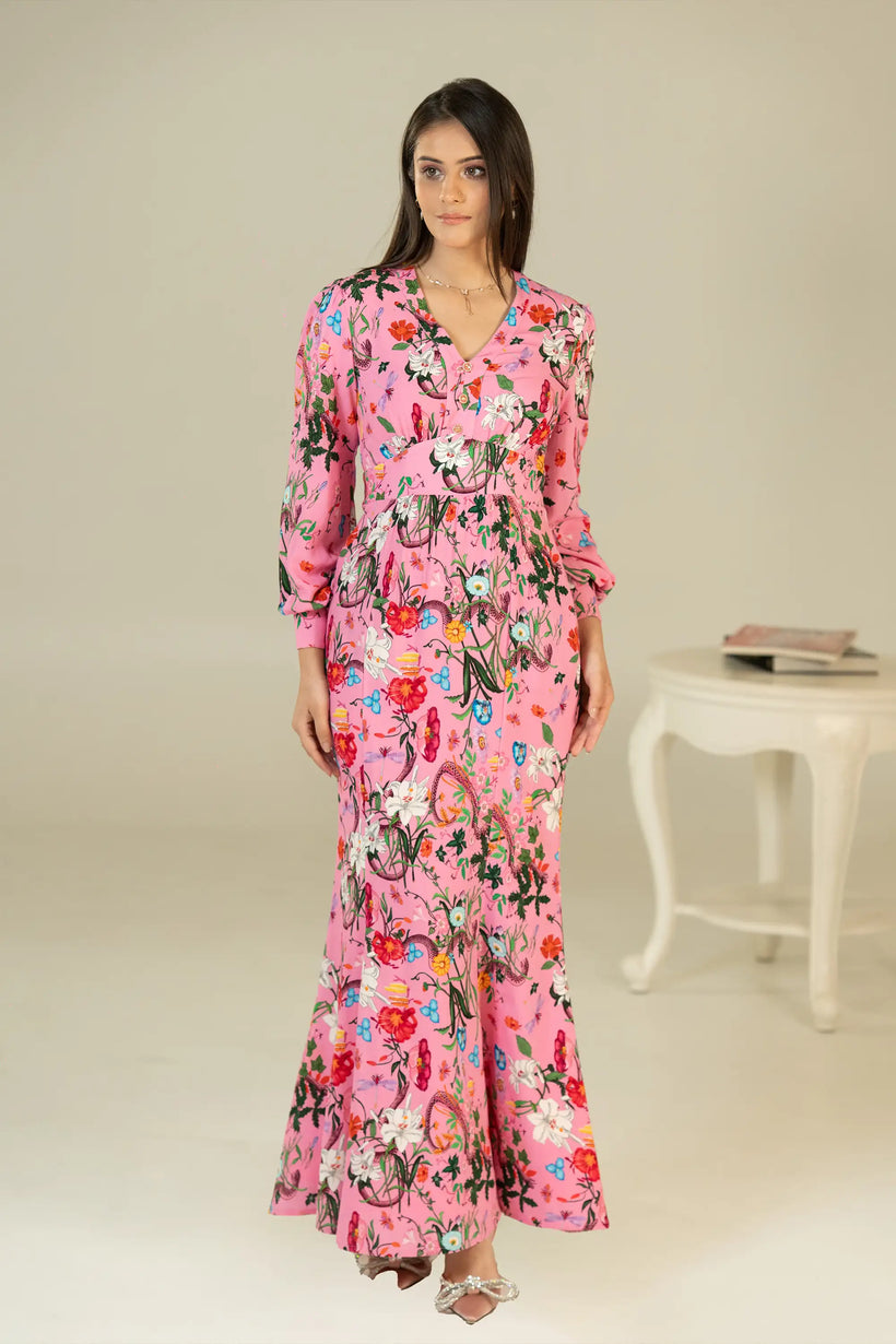 Pink Floral V-Neck Long-Sleeve Maxi Dress