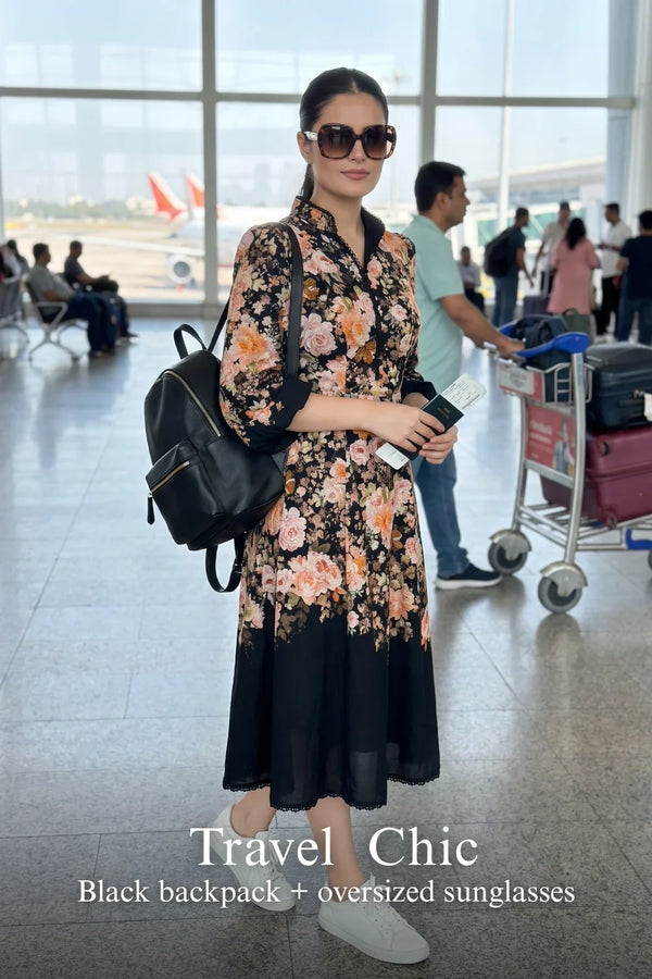 Rosalia Bloom Black Floral Belted Midi Dress — view 2