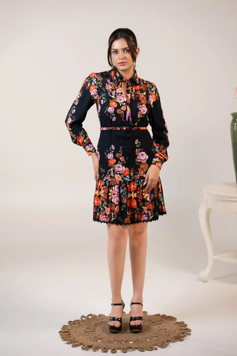 Black Floral High-Neck Belted Long-Sleeve Mini Dress