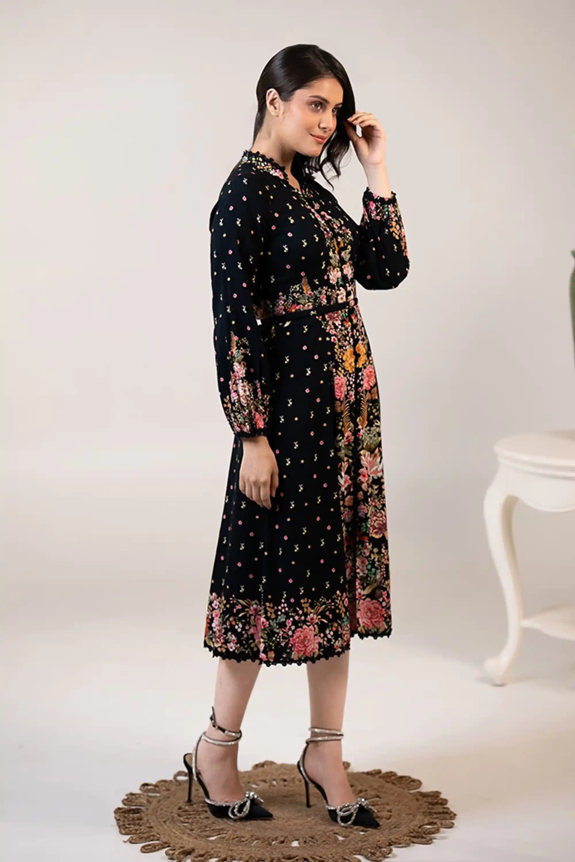 Black floral midi dress full side view