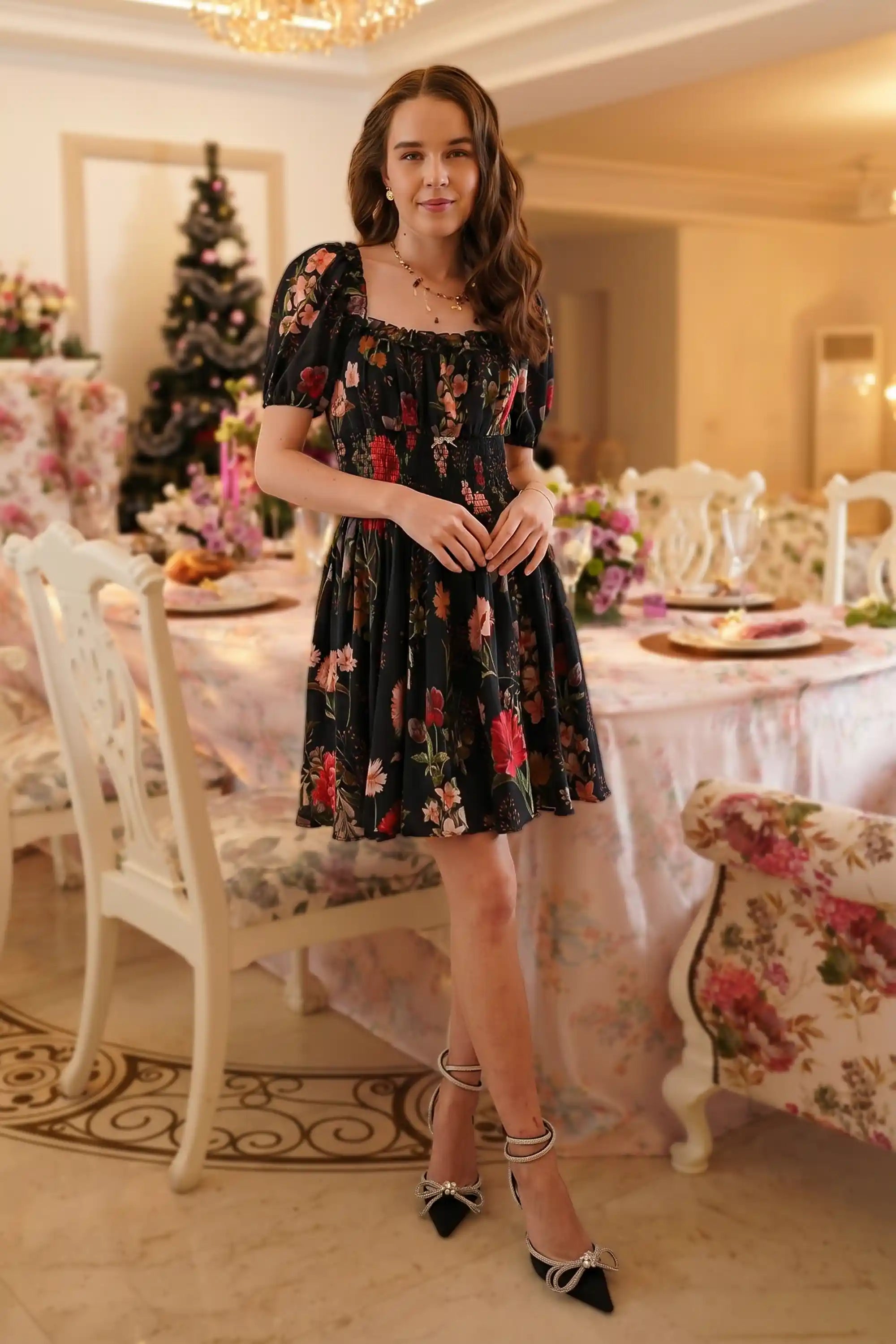 black arabesque floral puff sleeve mini dress | Puff-Sleeve Smocked RSVP in a style