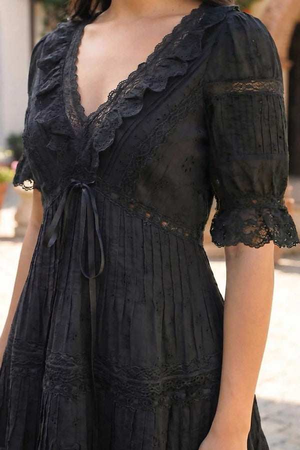 Pretty Pixie Black lace-trim pleated v-neck tiered mini dress for women, ribbon detail