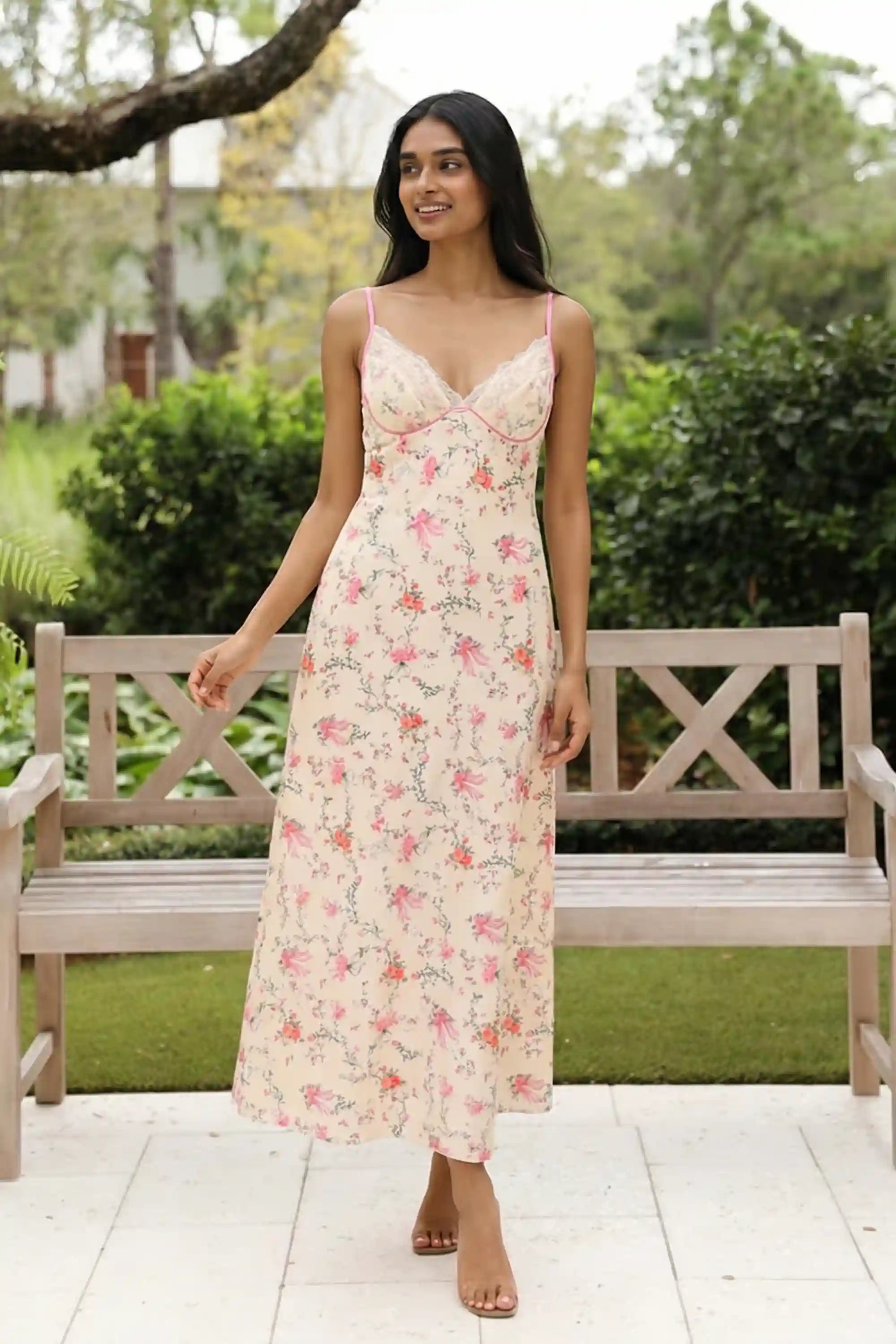 Cream Floral Lace Bustier Slip Maxi Dress