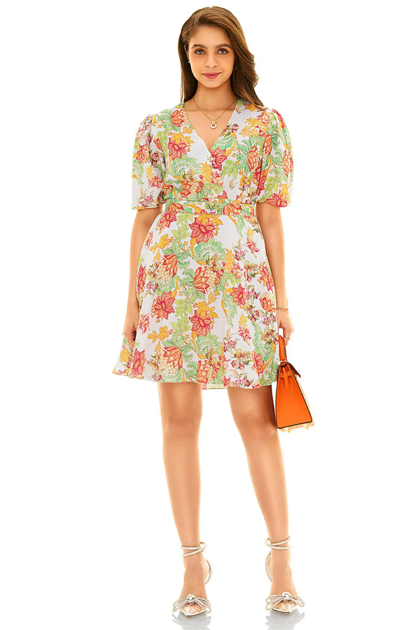 Ivory Floral Puff-Sleeve Belted Mini Dress — view 2