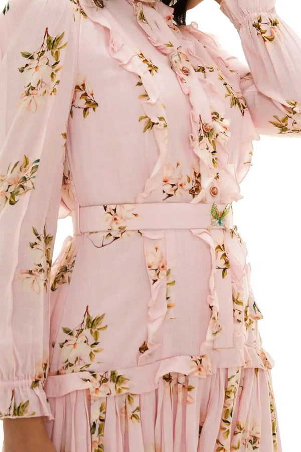 Close-up of Pretty Pixie Hannah ruffled pink floral belted mini dress
