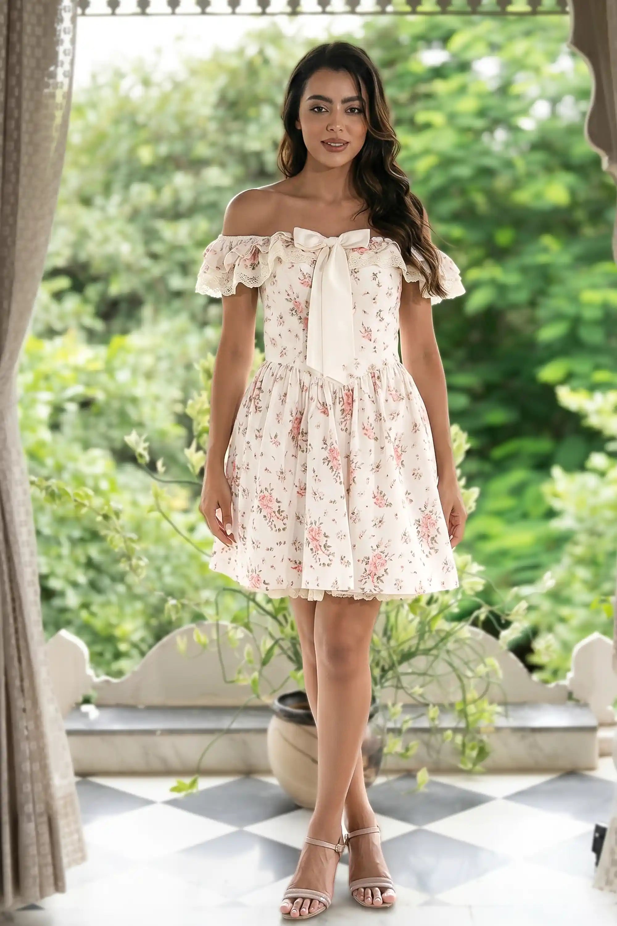 lace off the shoulder mini dress Ivory Floral Off-Shoulder Size:3XL USA Hm Floral Maxi Dress long Dress stretchy fabric allows room