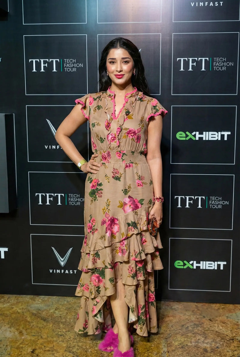 Taupe pink floral ruffle midi dress - Nyra Banerjee red carpet event India