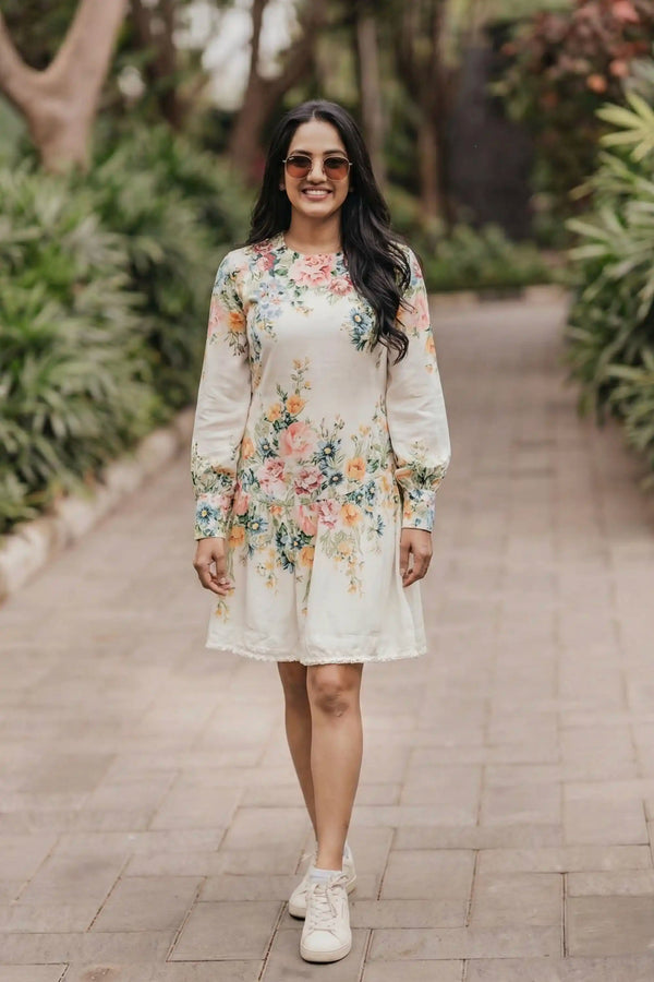 Ivory Floral Ruffle-Neck Puff-Sleeve Mini Dress — view 2