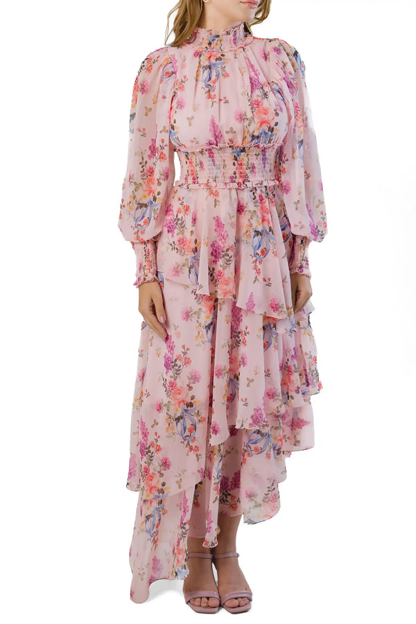 Pink floral high-neck tiered maxi dress; smocked waist, balloon sleeves