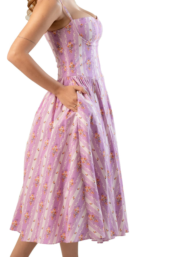 Lilac Floral Stripe Bustier Cotton Midi Dress