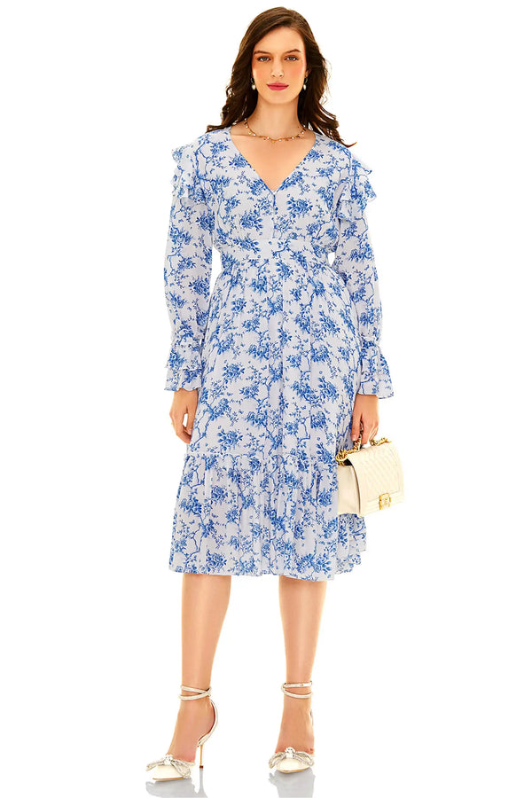 Light Blue Toile Floral Ruffle V-Neck Midi Dress — view 2