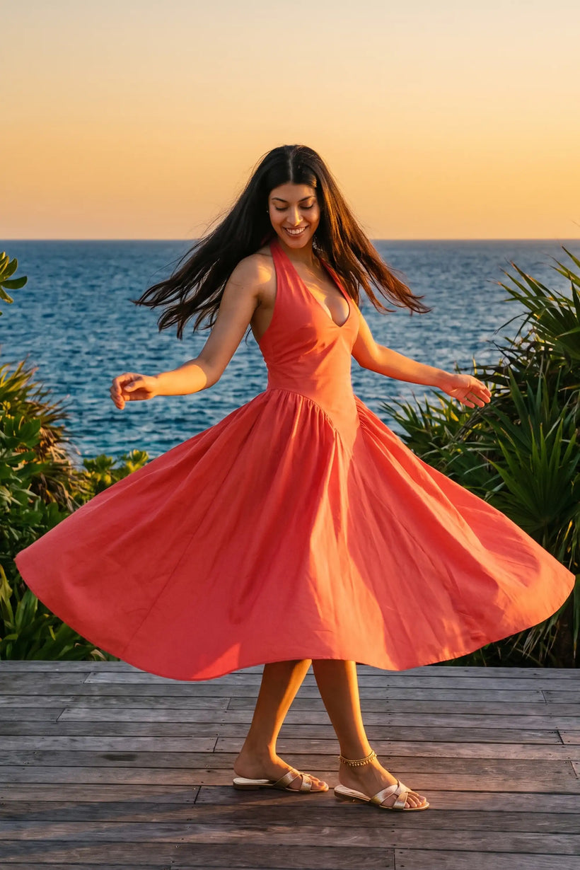 Coral Red Halter Bustier Midi Dress
