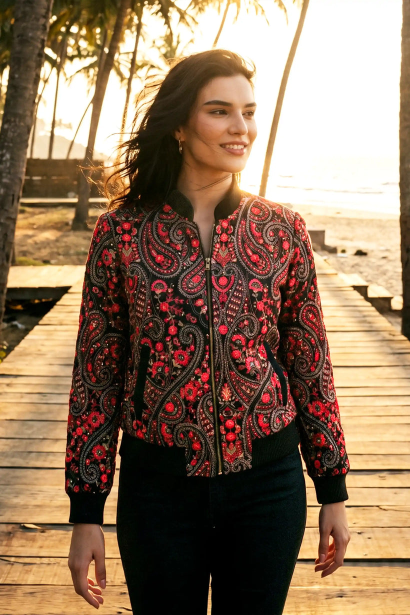 Crimson Paisley Hand Embroidered Bomber Jacket — Crimson Black