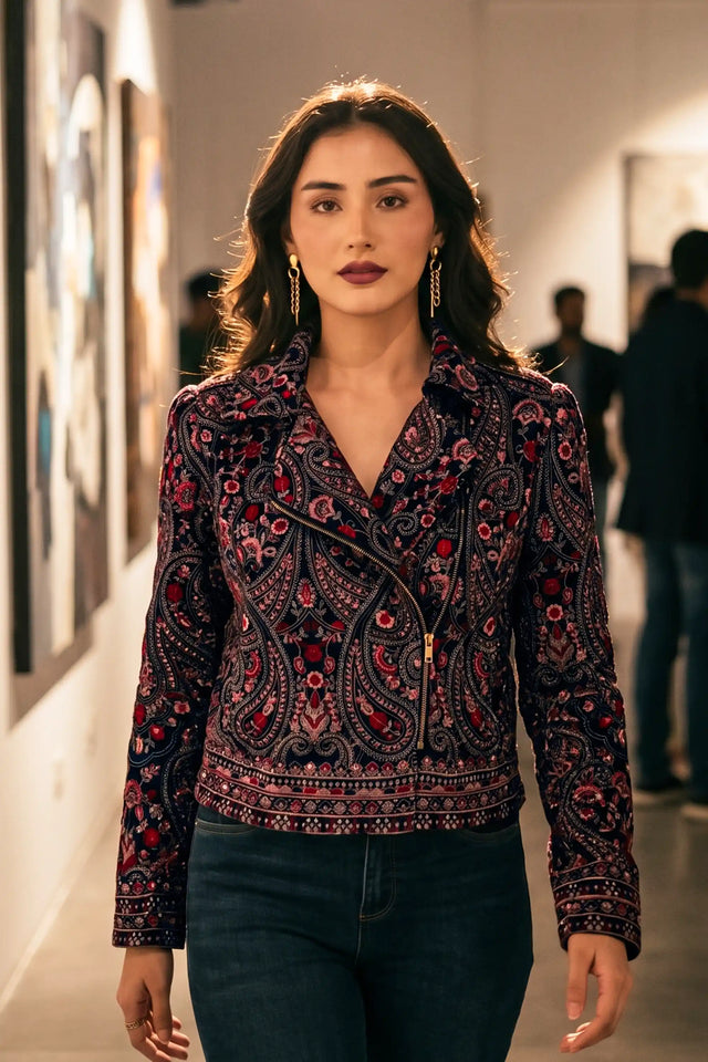 Crimson Paisley Hand Embroidered Biker Jacket — Crimson Navy — verified customer review photo