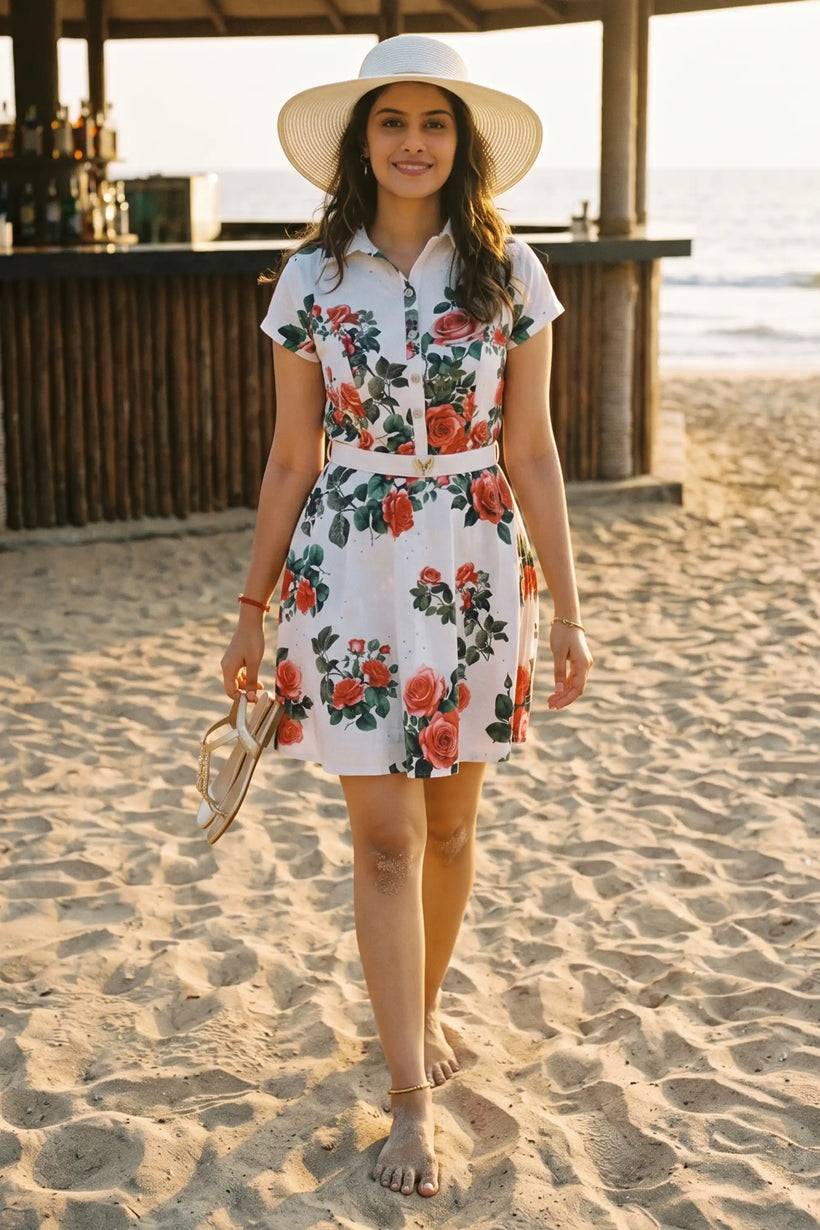 Ivory Rose Print Belted Shirt Mini Dress