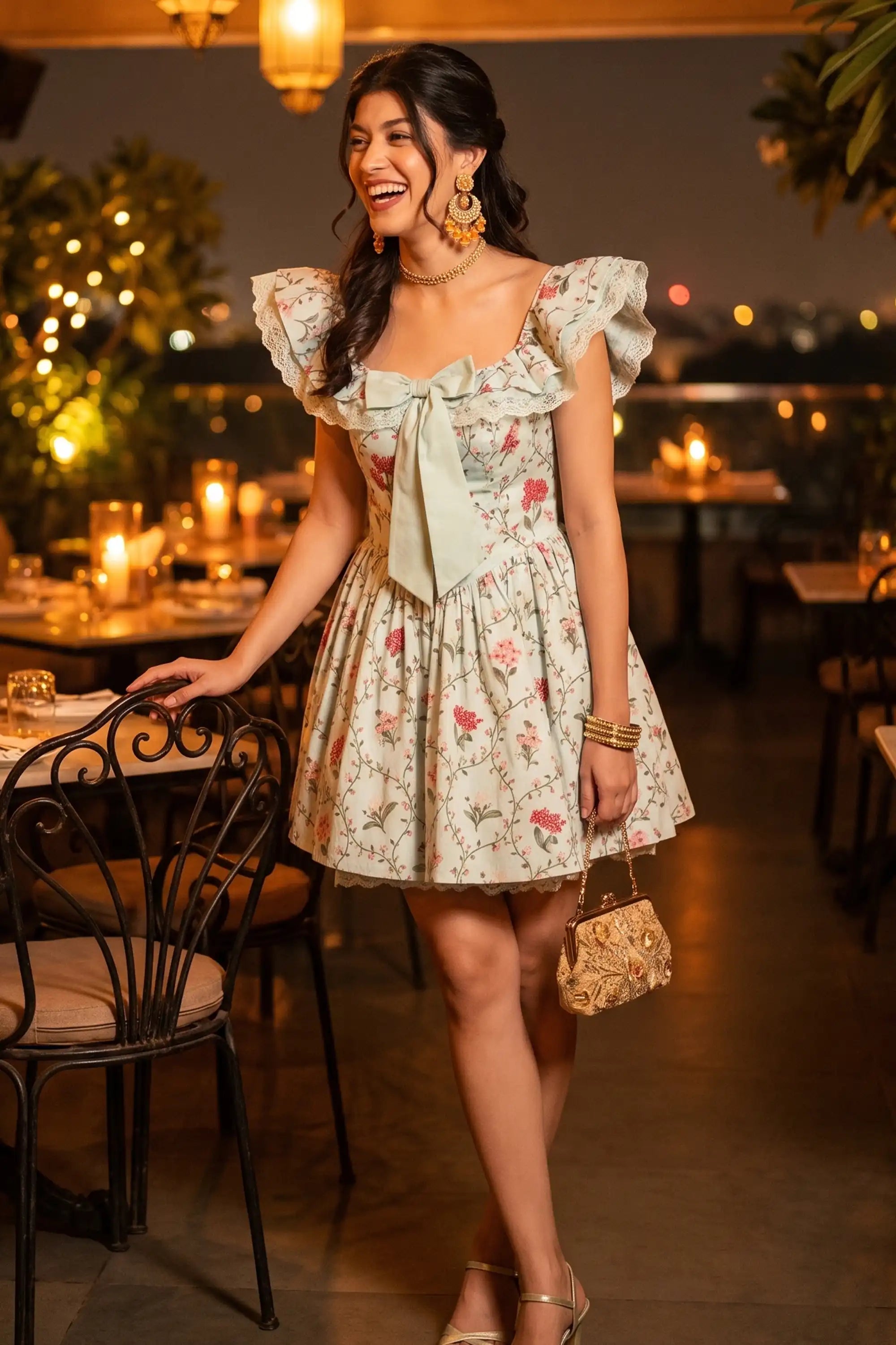 ruffle mini dress Pink Floral High Neck Cap Sleeve soft ruffles Waterfall Ruffle Mini Dress