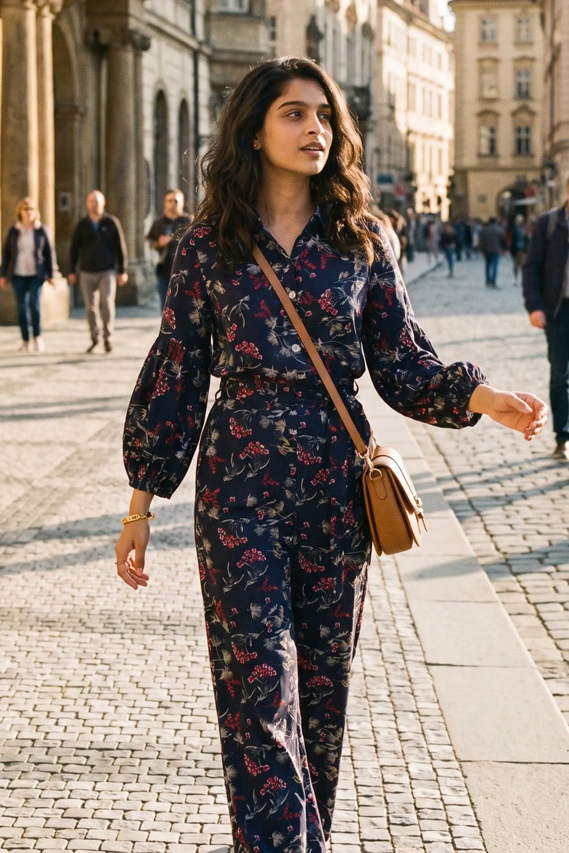 Navy Floral Belted Shirt & Wide-Leg Co-Ord Set