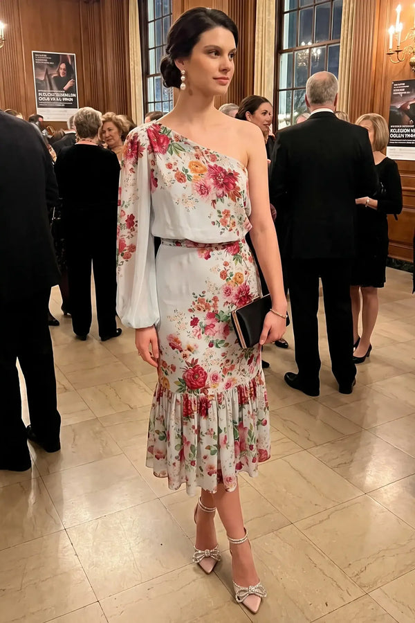 Powder Blue One-Shoulder Floral Ruffle Midi Dress — view 1