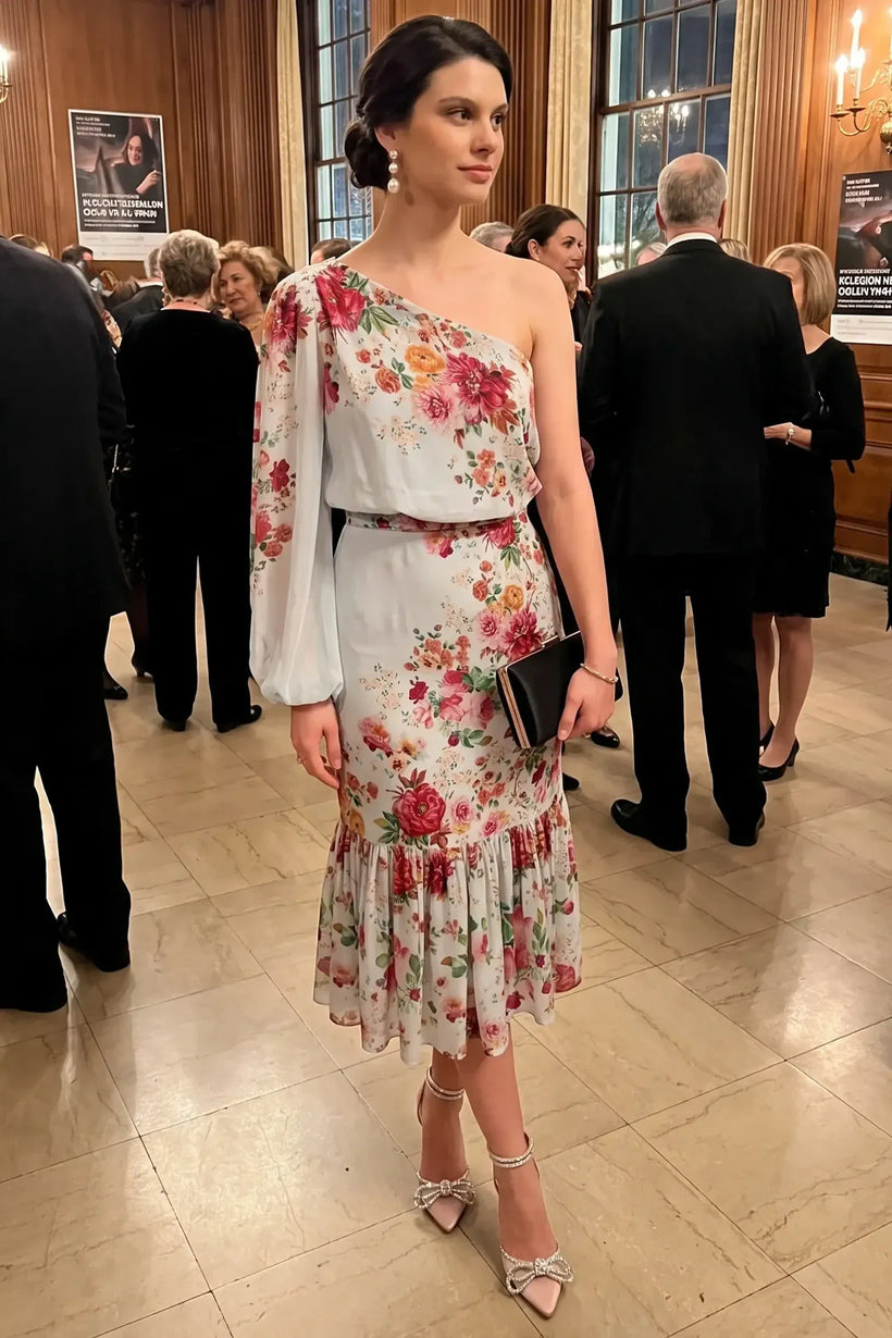 Powder Blue One-Shoulder Floral Ruffle Midi Dress