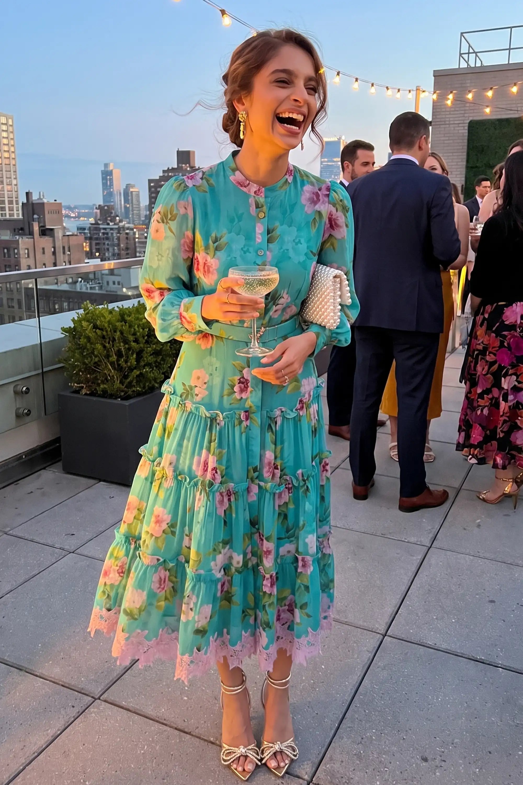 Light-Teal Floral Maxi Dress