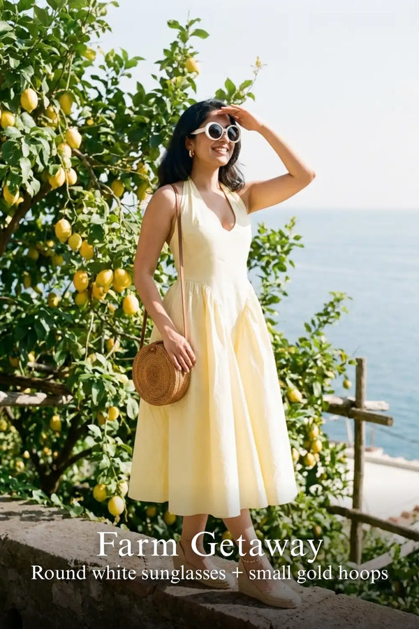 Lemon Yellow Halter Bustier Midi Cotton Dress — view 3