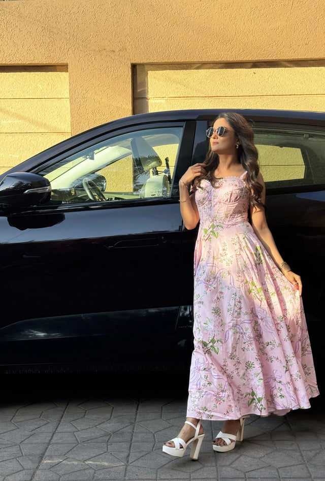 Blush Pink Floral Lace-Up Corset Tiered Midi Dress — verified customer review photo