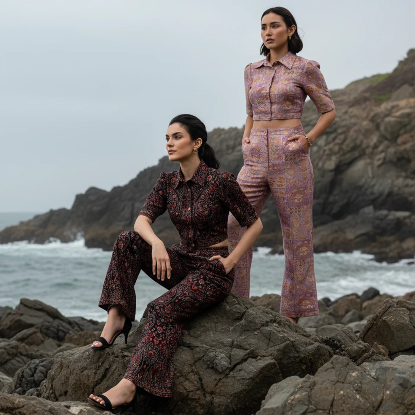 Indian women in printed co-ord sets, stylish beach vacation outfits by Pretty Pixie, 2025.