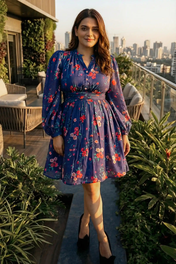 Royal Indigo Floral V-Neck Puff-Sleeve Belted Mini Dress — view 1