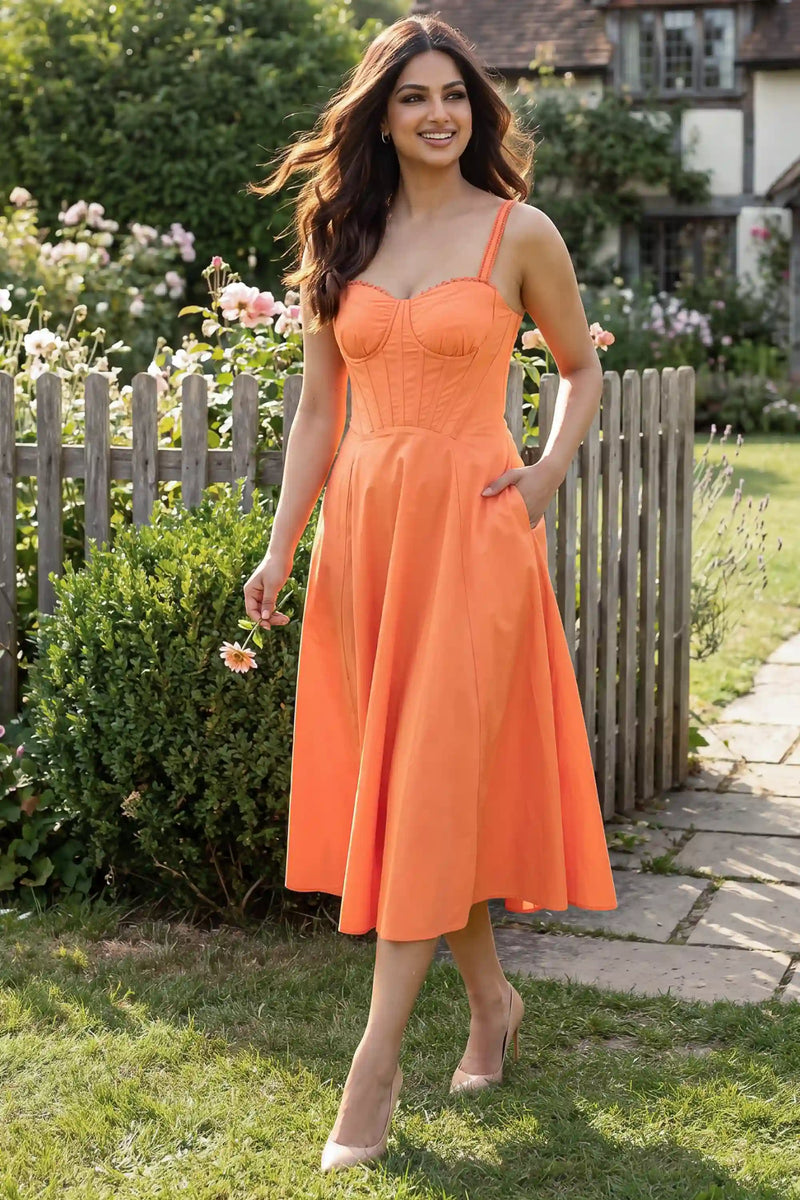 Sandhu coral sweetheart midi dress: A-line structured bodice women elegant garden style