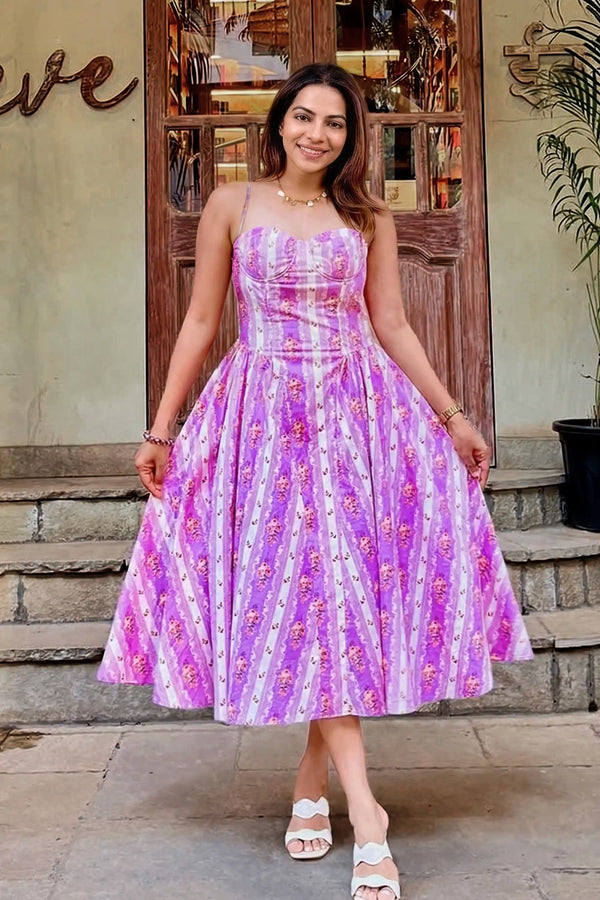 Lilac Floral Stripe Bustier Cotton Midi Dress — view 1