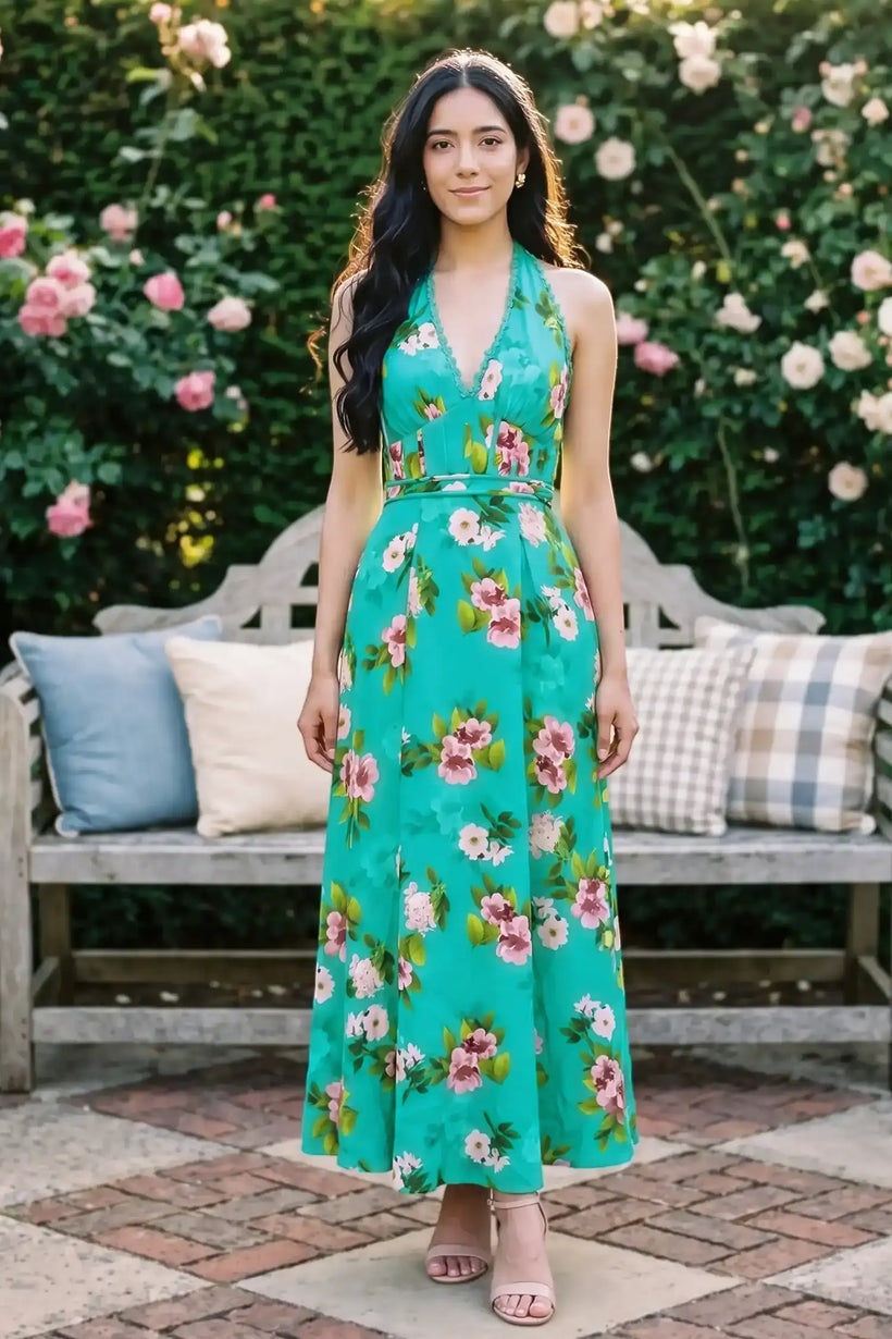 Sunset Crush Turquoise Bloom Floral Halter Maxi Dress