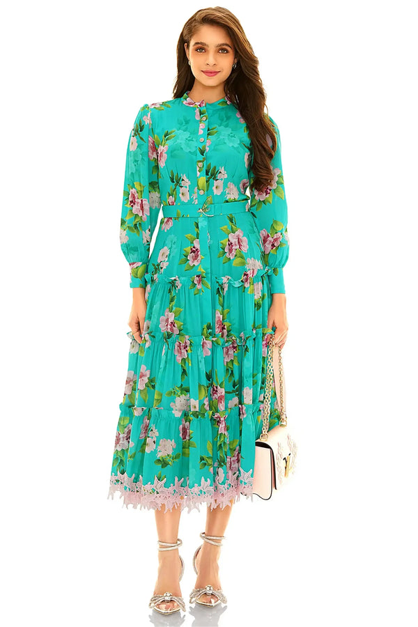 Pretty Pixie turquoise floral long sleeve tiered midi dress front