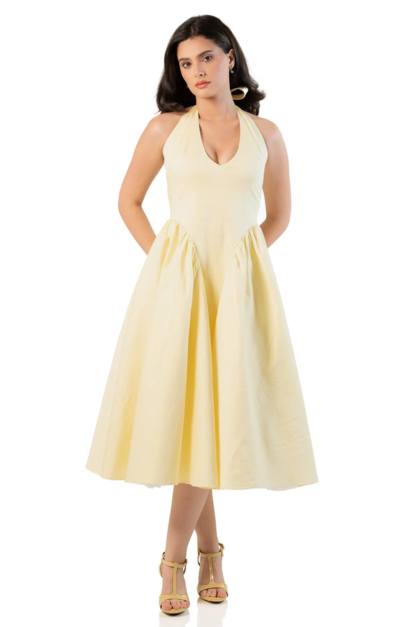Pretty Pixie yellow halter midi dress front