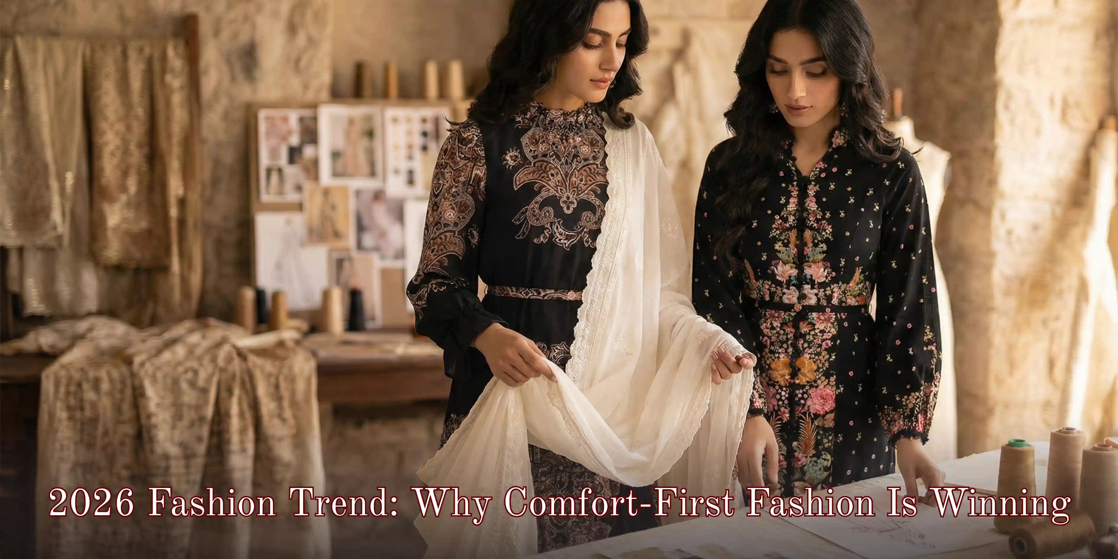Two women styling breathable embroidered ethnic dresses in a studio, representing the 2026 fashion trend of comfort-first fashion with natural fabrics and modern silhouettes – Pretty Pixie editorial.