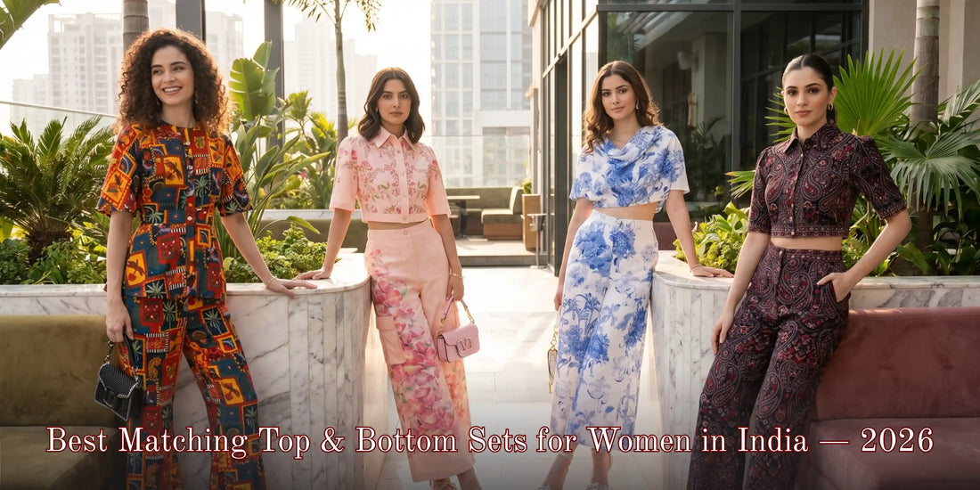 Four women wearing colorful matching top and bottom sets in orange, pink, blue and burgundy floral